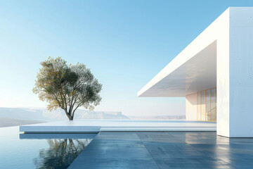 Obraz premium White Building on a blue sky backdrop.Modern concrete architecture. 