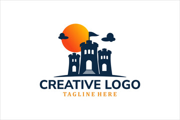 Modern Flat Unique castle logo vintage with sunset logo template illustration design
