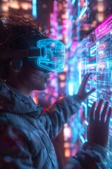 Fototapeta premium Young man exploring digital world through high-tech virtual reality headset, VR glasses. Hands tracing luminous data streams