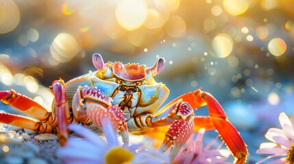 Crab on the beach with flower and bokeh background. 