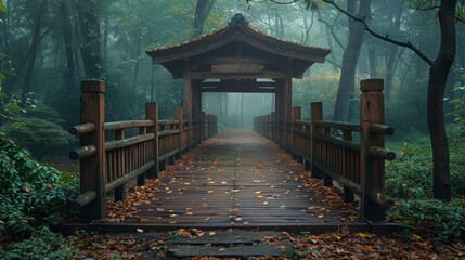 a mysterious Japanese style temple in the forest
