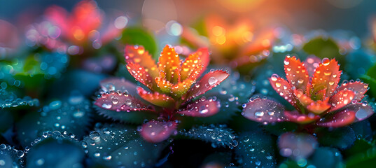 A close-up of nature delta aquatic plants with dew drops glistening in the early morning light