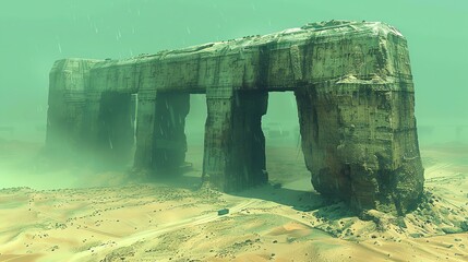 Mysterious underwater stone structure with archways