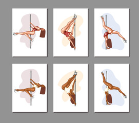 Pole Dance illustration, Pole Dance poses. Pole dancers exercising on pylon. Sport, fitness and gymnastics. Hand drawn vector art work isolated on white background