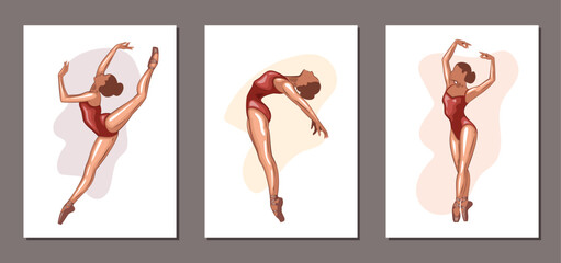 Ballerina illustration, ballerinas poses. Gymnastics girl. Girl dancing classical choreography. Ballet set female. Pointe shoes. Hand drawn vector art work isolated on white background