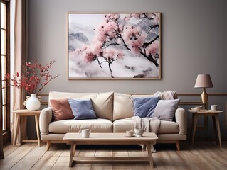 A stylish and inviting living room featuring a comfortable sofa, chic decor, and a serene artwork