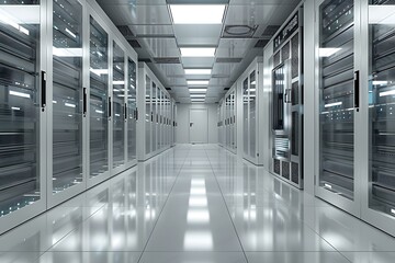 Obraz premium Futuristic Sci-Fi Data Center Room With Glowing Server Racks