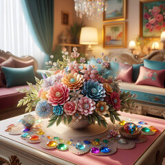 Fototapeta premium A vase full of colorful flowers is placed on the table with colorful diamonds lying next to it. 
