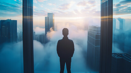 Fototapeta premium Silhouette of a person standing in front of a window overlooking a foggy cityscape at sunrise. Generative AI
