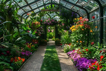 A tranquil conservatory with a rich array of green plants and a rainbow of flowers in full bloom