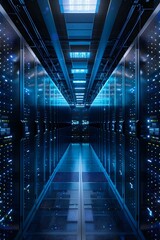 Obraz premium Blue lights illuminate the futuristic interior of a server room.