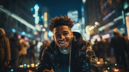 A smiling man in streetwear exudes a carefree and friendly vibe against a vibrant backdrop of urban nightlife