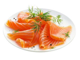 Delicious slices of fresh smoked salmon, perfect for gourmet dishes and appetizers, showcasing its rich color and texture cut out transparent isolated on white background PNG file
