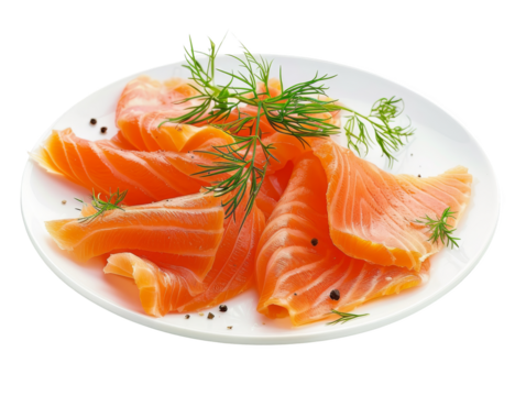 Delicious slices of fresh smoked salmon, perfect for gourmet dishes and appetizers, showcasing its rich color and texture cut out transparent isolated on white background PNG file
