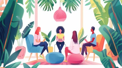 Participants engage in holistic wellness coaching sessions focusing on personal growth mental physical and spiritual improvements for overall wellbeing The group discussion takes place in a modern
