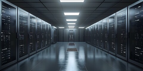 Fototapeta premium Futuristic server room with rows of rack-mounted servers.