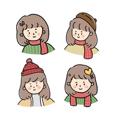 collection cute girl in winter on transparent background.