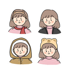 collection cute girl in winter on transparent background.