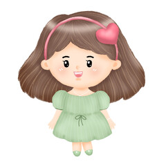 Cute little girl with a bright and happy smile, Wear an green dress and heart shaped headband on transparent backgroung.PNG.