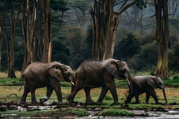 Fototapeta premium Family of Elephants Trekking Across a Verdant Landscape. Serene Nature Scene. Wildlife Photography Style. Ideal for Educational Use. Generative AI