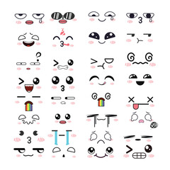 Fototapeta premium Kawaii Cute Faces Big Vector Set of Manga Style Eyes and Mouths with Funny Cartoon Japanese Emotions