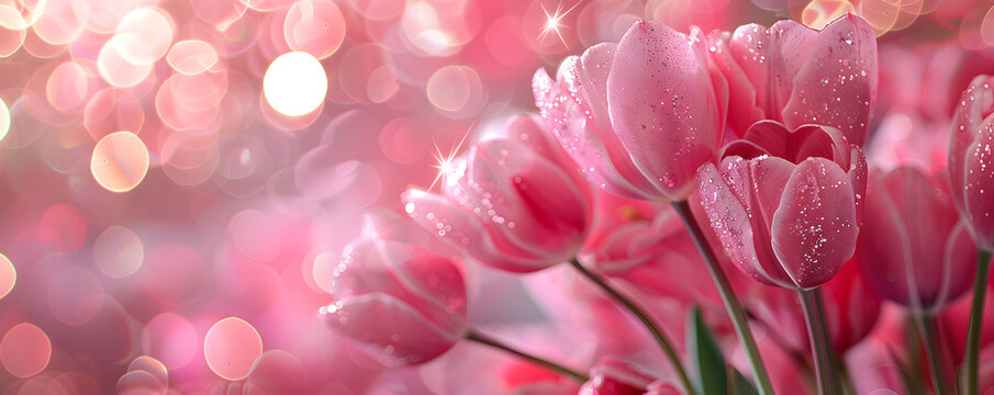 Abstract bokeh design with pink spring flowers and glitter, a happy Easter template to celebrate the holiday season.