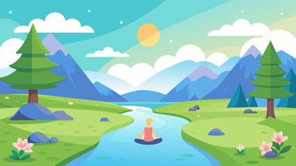 Finding your inner peace in a beautiful meadow with a gentle stream flowing nearby and the sounds of nature to guide you through your virtual reality. Vector illustration