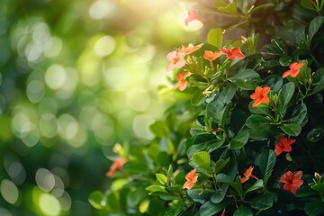 A vibrant bush of young green leaves and bright, blooming flowers in a sunlit corner