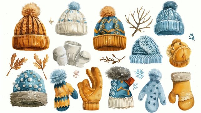 Comprehensive collection of fashionable and functional knitted winter accessories including a variety of hats mittens and other cold weather gear in an array of vibrant colors textures and patterns