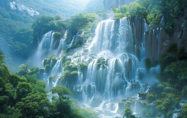 Breathtaking waterfall cascading down lush green cliffs, surrounded by mist and dense forest, creating a serene and picturesque landscape.