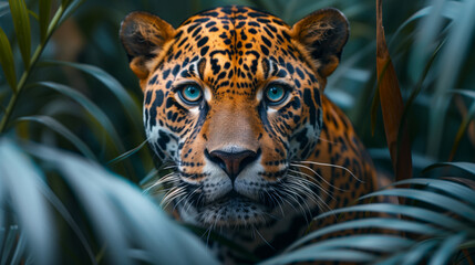 Obraz premium Close-up of a majestic leopard with piercing blue eyes, surrounded by lush green foliage in a natural jungle setting.