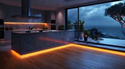 Transform your kitchen into a chic entertainment zone at night with a large TV screen and LED strips lining the