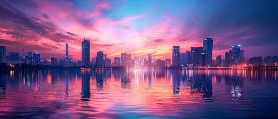 Fototapeta premium cityscape with river view, bridges and reflections, twilight scene, focus on, natural hues, Double exposure silhouette with water ripples