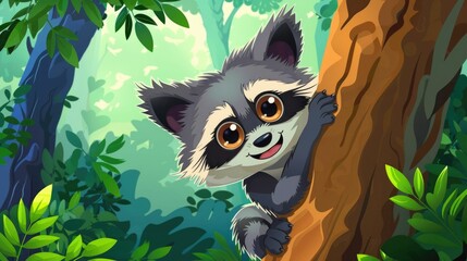 Whimsical of a mischievous raccoon peeking out from behind a tree trunk in a dense verdant forest with lush foliage
