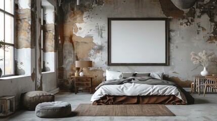 Mockup frame in a loft-style bedroom with a concrete wall background (copy space, modern decor, surreal, Multilayer, industrial chic backdrop)