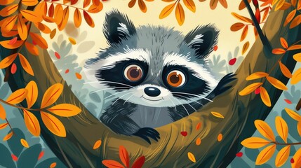 Whimsical of a Mischievous Raccoon Peeking Out from Behind a Tree in an Autumn Forest with a Sly Smile and Surrounded by Vibrant Leaves