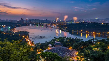 View of Seoul and Firework at lake Seokchonhosu Park of Seoul South Korea