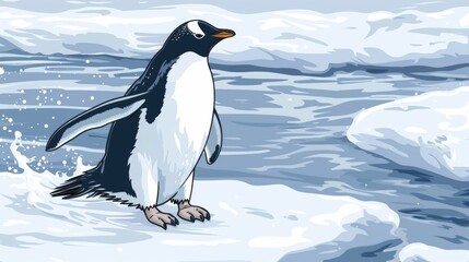 Obraz premium Delightful of a penguin waddling across the frozen snowy landscape with a friendly wave The cute cartoon style bird is surrounded by the icy winter environment of the arctic or antarctic region