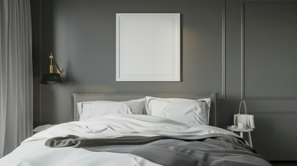 Mockup frame on the wall in a grey hotel bedroom interior with a bed and clothes in the wardrobe (close up, hospitality design, realistic, Fusion, luxury hotel backdrop)