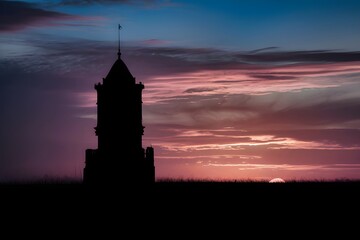 castle silhouette in sunset sky medieval evening clouds twilight scene historical architecture