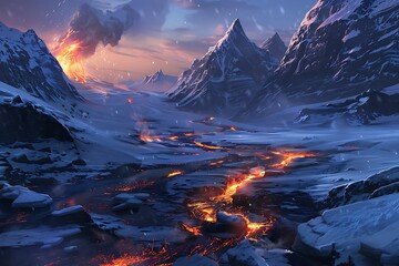 A landscape with rivers of molten lava flowing through frozen peaks