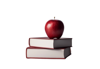 A single red apple sitting atop a stack of hardblank cover books representing knowledge and health isolated on transparent background
