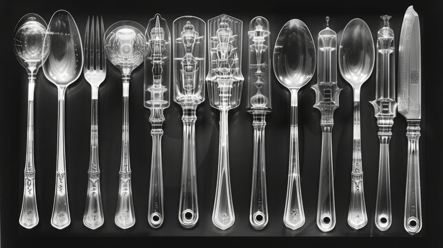 X-ray scan of a set of kitchen utensils, showing the handles and metal components.