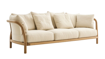 Modern Wooden Frame Sofa with White Cushions Elegant Living Room Furniture cut out transparent isolated on white background PNG file