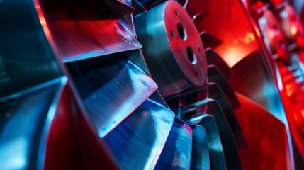Close-up of a red and blue fan rotor, emphasizing engineering precision and sleek design (selective focus, engineering theme, vibrant, overlay, manufacturing plant backdrop)