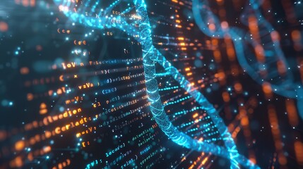 Gene therapy developments showcased by genetic code sequences and cellular structures, depicting potential cures, copy space, biotechnological progress, futuristic, Fusion, digital screens