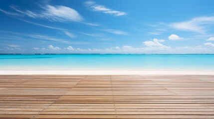 Fototapeta premium Tranquil beach scene with clear blue water and a wooden boardwalk