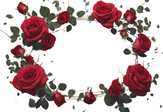 Bouquet of red rose flowers in wreath frame isolated on transparent background with copy space