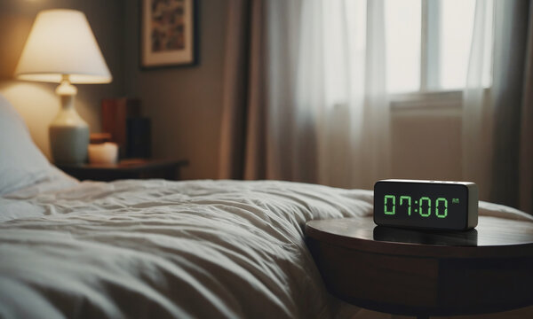 A digital alarm clock on a nightstand in bed room with warm light from the lamp. and set at 7.00. 3d rendering.