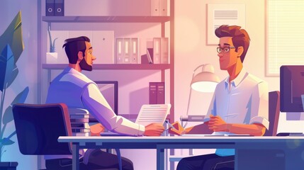 Two professionals engaged in a performance review meeting with the manager providing constructive feedback and guidance to the employee within a modern office environment The scene depicts a